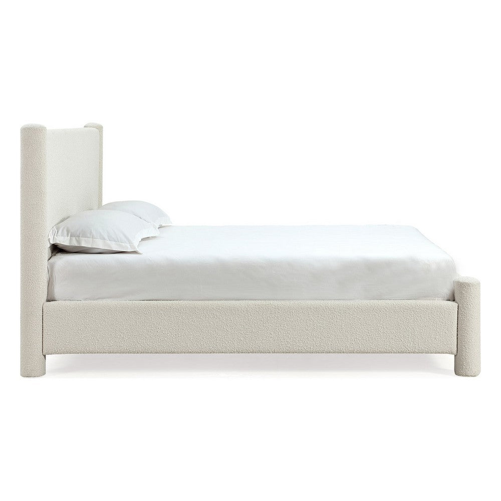 Kizo Queen Upholstered Platform Bed | Short Poster Design | Ivory Boucle