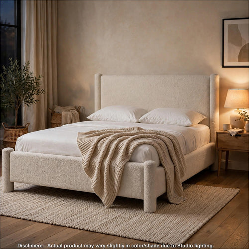 Kizo Queen Upholstered Platform Bed | Short Poster Design | Ivory Boucle