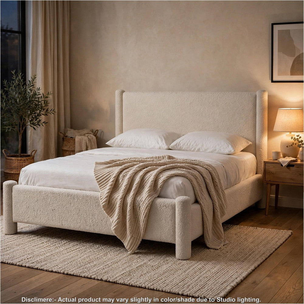 Kizo Queen Upholstered Platform Bed | Short Poster Design | Ivory Boucle