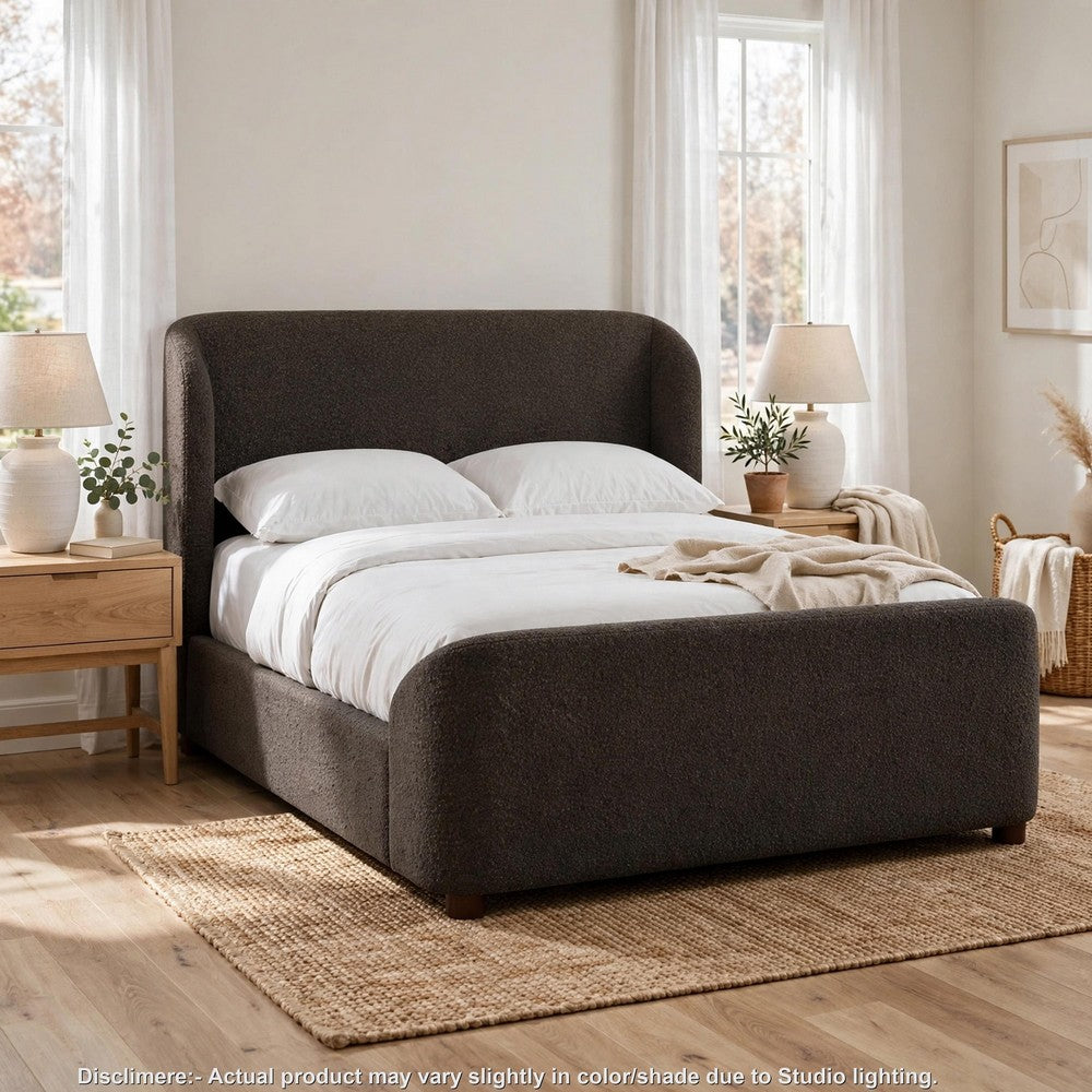 Kaven Queen Platform Bed | Shelter-Style Headboard | Brown Linen Blend