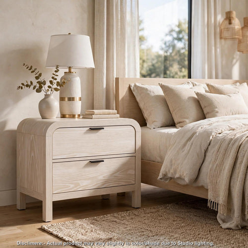 Danny Nightst& with 2 Drawers & USB Ports | Off-White Meranti Wood