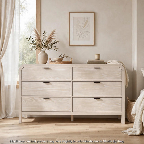 Danny 68" Wide Dresser with 6 Drawers | Black Metal | Off-White Wood