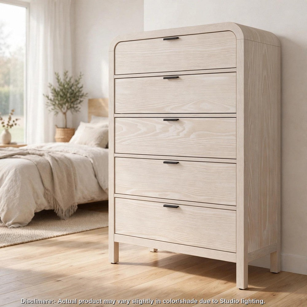 Danny Tall Dresser Chest with 5 Drawers | Black Metal | Off-White Wood