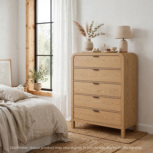 Danny Tall Dresser Chest with 5 Drawer | Black Metal | Timber Brown Wood