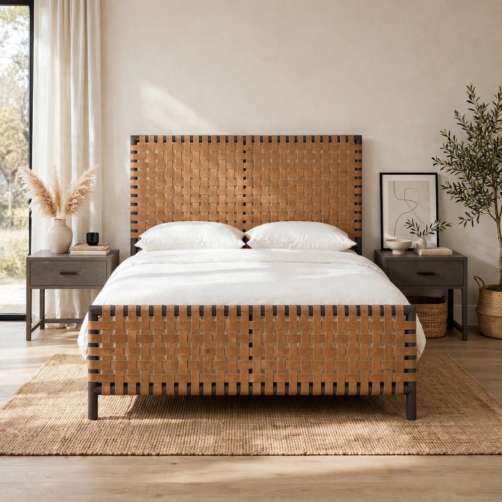 Francis Queen Panel Bed | Ginger Woven Faux Leather | Basalt Gray Wood