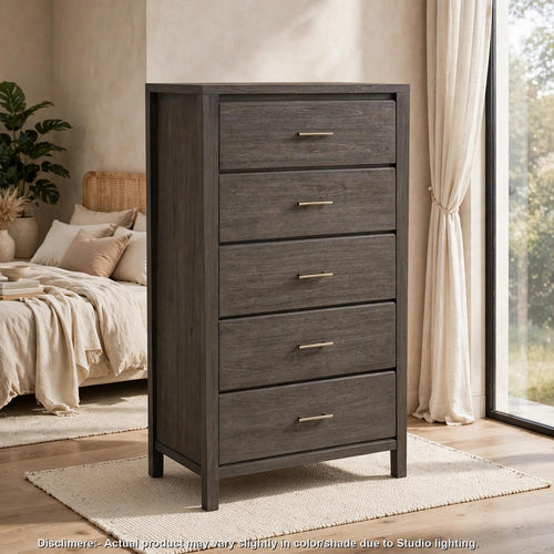 Fang Tall Dresser Chest | 5 Drawers | Sharkskin Gray Mahogany-Mindi Wood