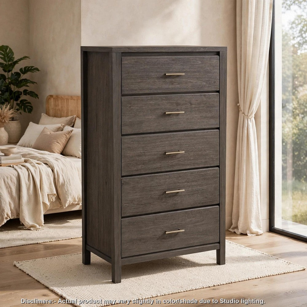 Fang Tall Dresser Chest | 5 Drawers | Sharkskin Gray Mahogany-Mindi Wood