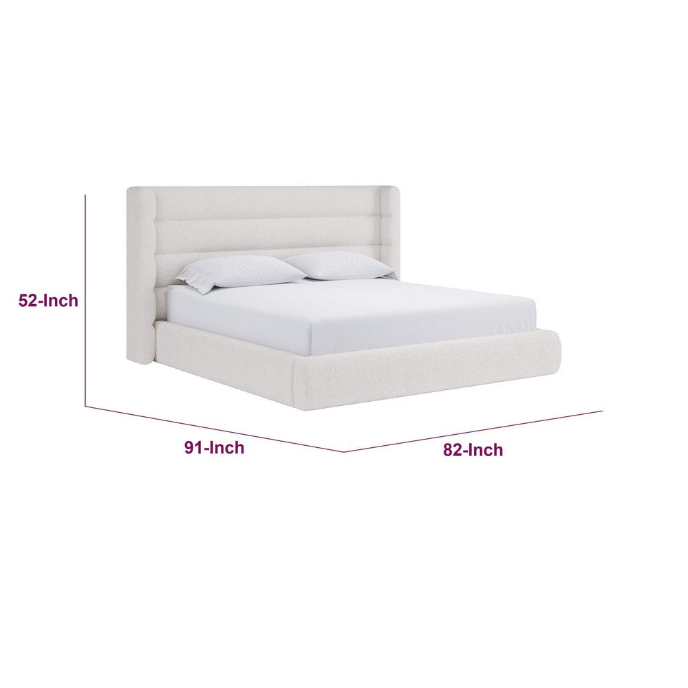 Orion Queen Platform Bed with Wingback Headboard | Ivory Boucle Fabric