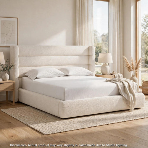 Orion Queen Platform Bed with Wingback Headboard | Ivory Boucle Fabric