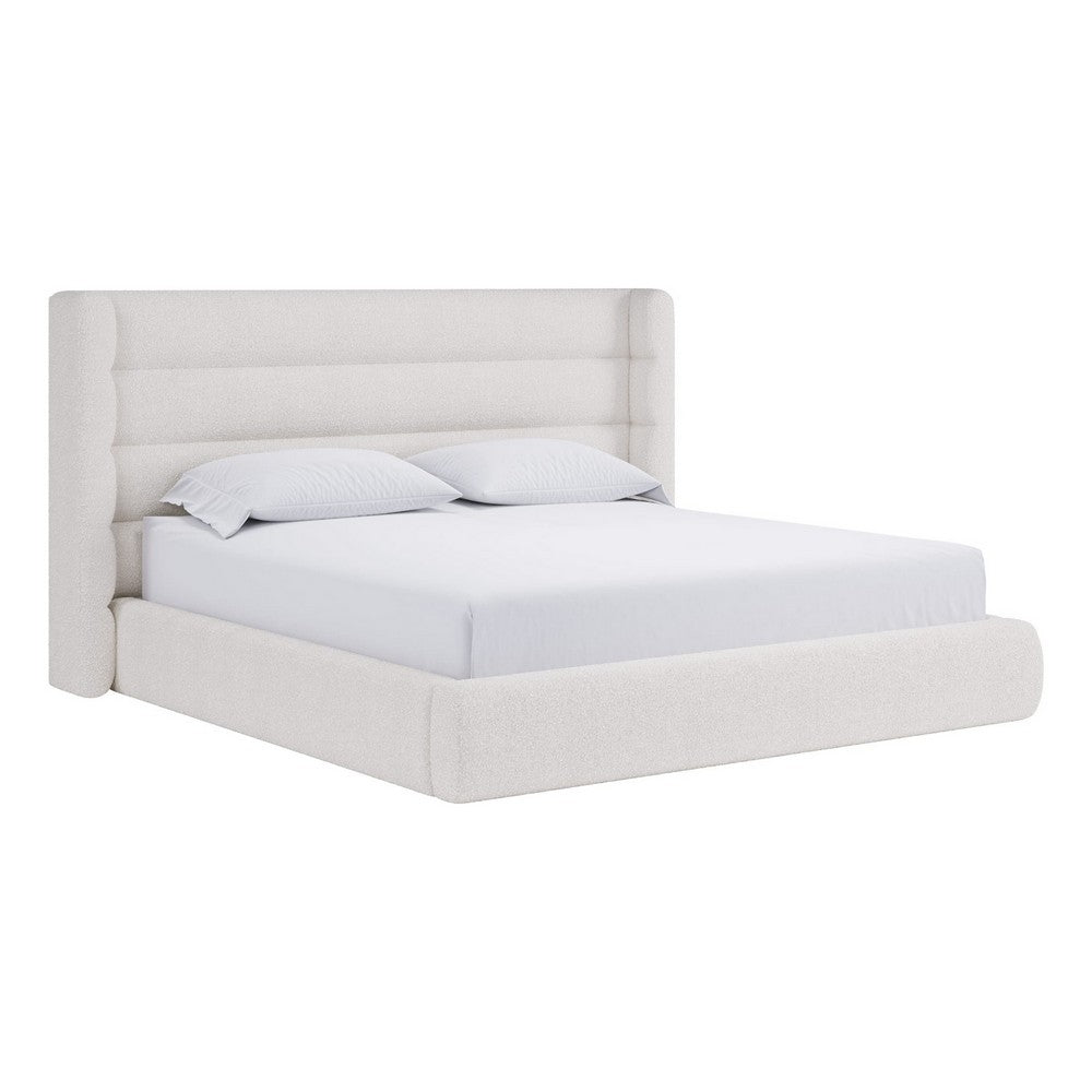 Orion King Platform Bed with Wingback Headboard | Ivory Boucle Fabric