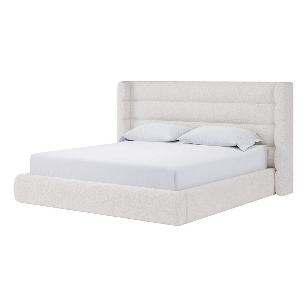 Orion King Platform Bed with Wingback Headboard | Ivory Boucle Fabric