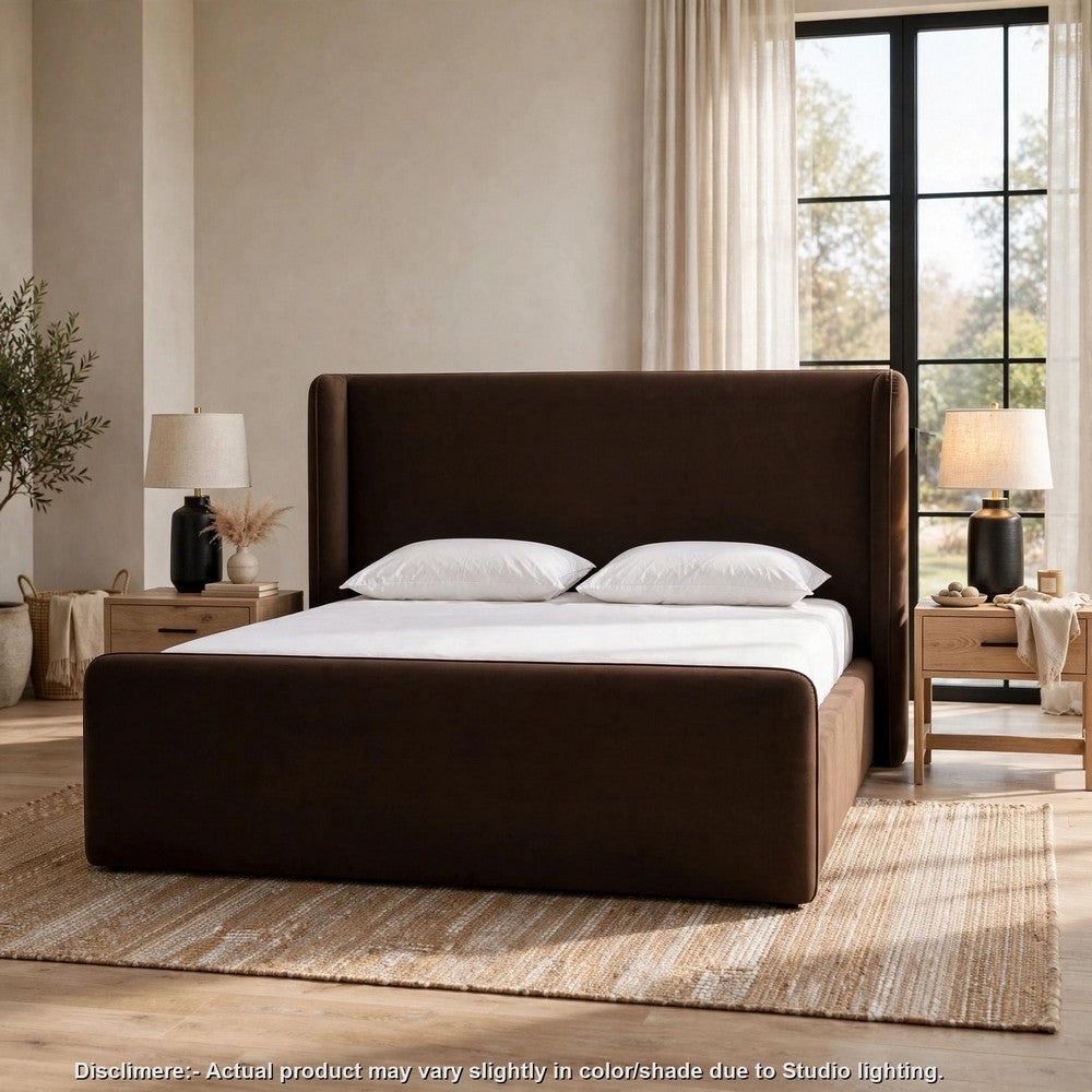 Betty Upholstered Queen Platform Bed | Wingback Headboard | Brown Velvet