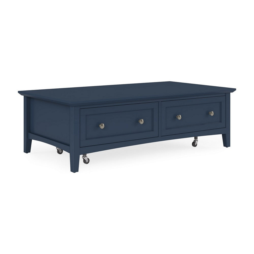 Gemma Coffee Table with 2 Drawers & Casters | Blue Mahogany Wood 55"