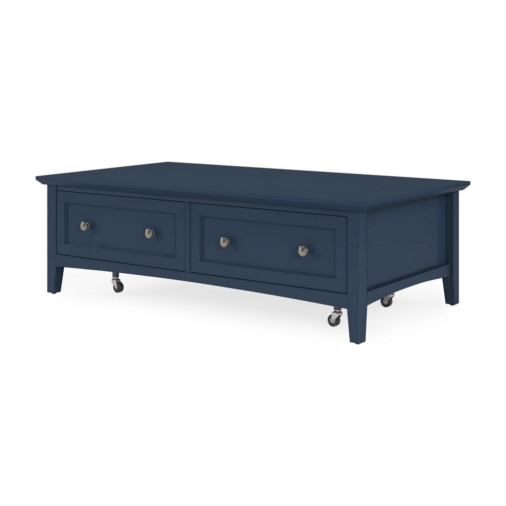 Gemma Coffee Table with 2 Drawers & Casters | Blue Mahogany Wood 55"