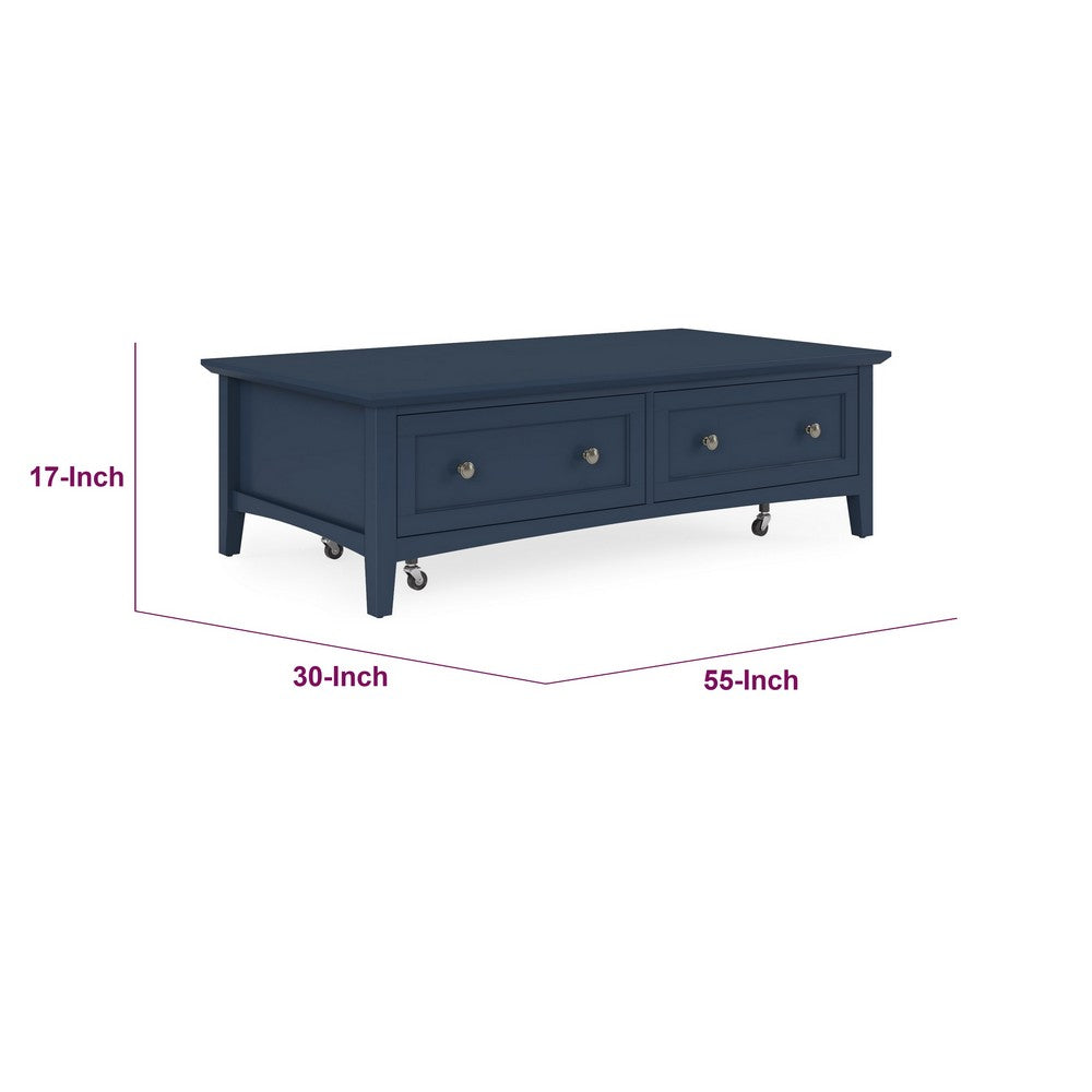 Gemma Coffee Table with 2 Drawers & Casters | Blue Mahogany Wood 55"