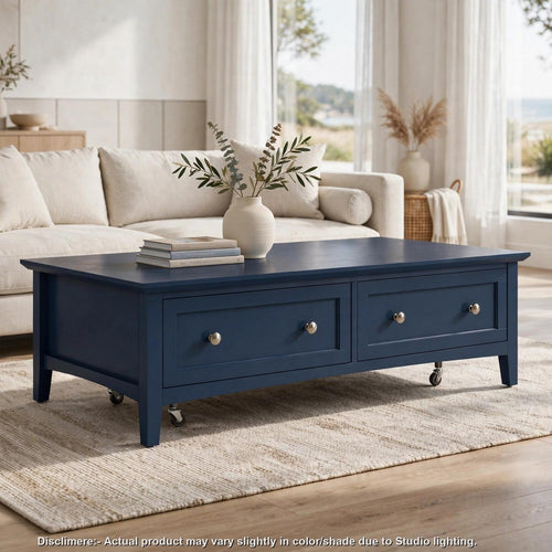 Gemma Coffee Table with 2 Drawers & Casters | Blue Mahogany Wood 55"