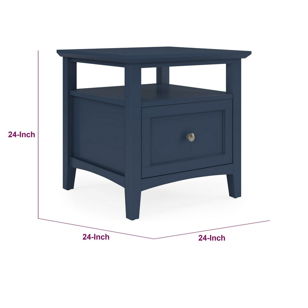 Gemma Square End Table with Drawer & Open Shelf | Blue Mahogany Wood 24"