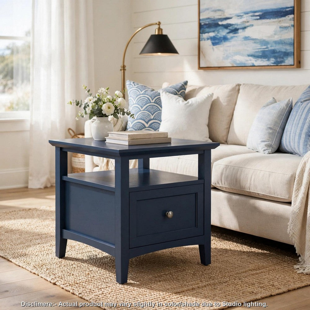 Gemma Square End Table with Drawer & Open Shelf | Blue Mahogany Wood 24"
