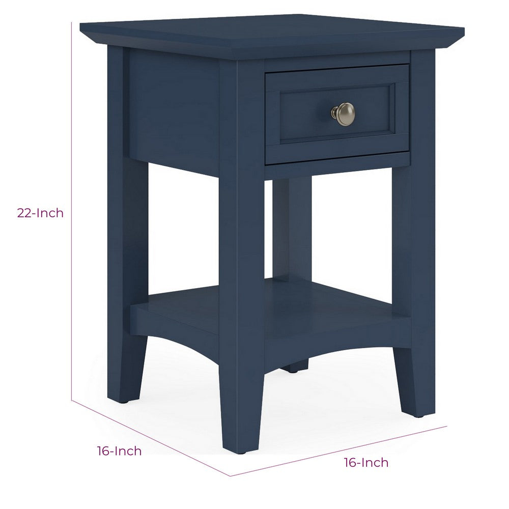 Gemma Square Drink Table | Drawer & Lower Shelf | Blue Mahogany Wood 22"