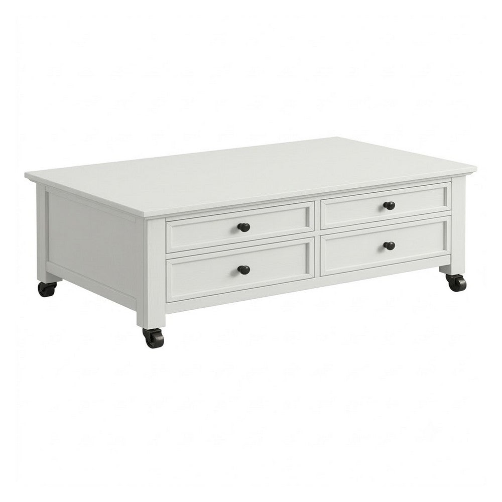 Gemma Coffee Table with 2 Drawers and Casters | White Mahogany Wood 55"