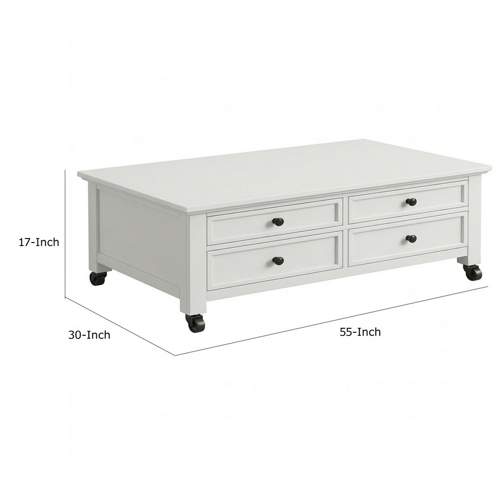Gemma Coffee Table with 2 Drawers and Casters | White Mahogany Wood 55"