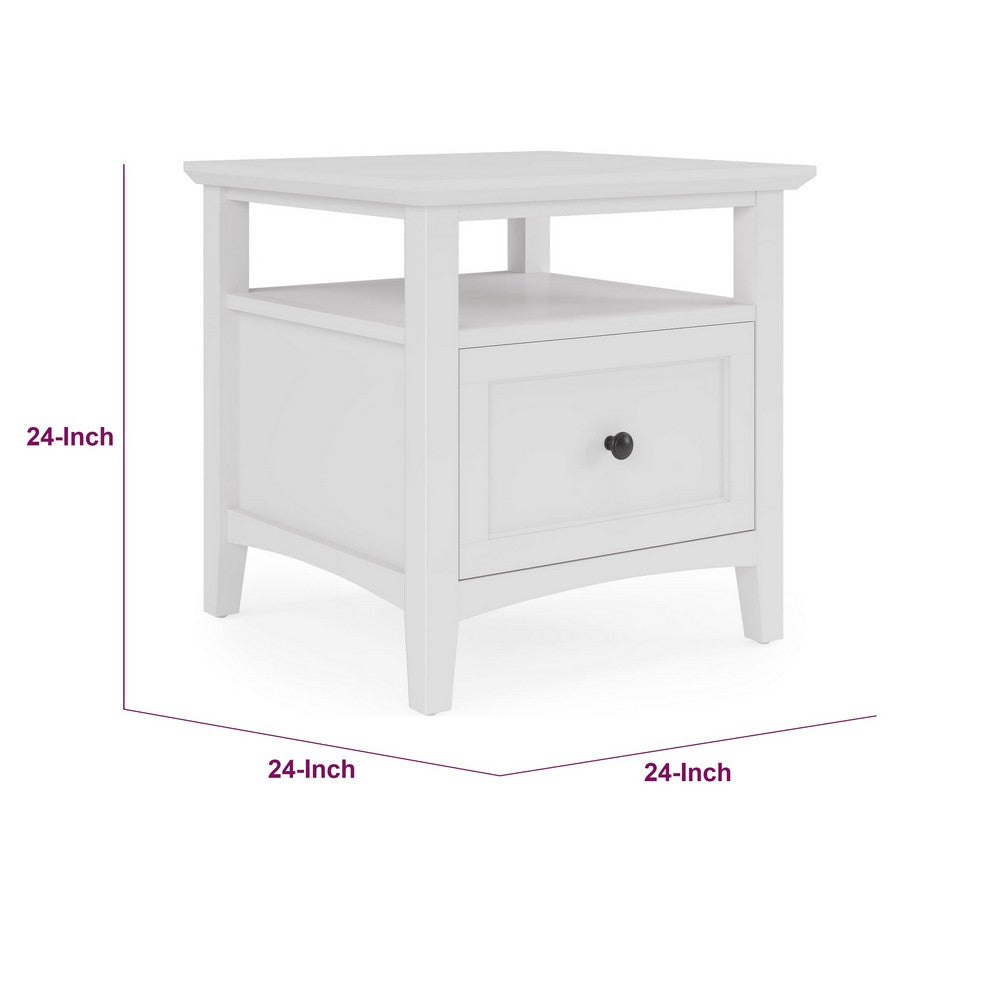 Gemma Square End Table with Drawer & Open Shelf | White Mahogany Wood 24"