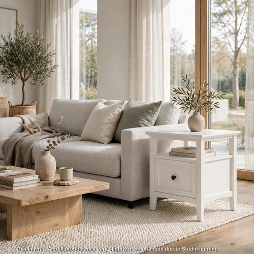 Gemma Square End Table with Drawer & Open Shelf | White Mahogany Wood 24"