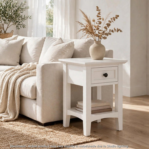 Gemma Square Drink Table | Drawer & Lower Shelf | White Mahogany Wood 22"