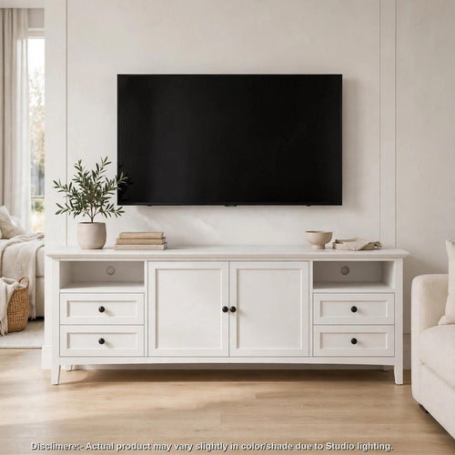 Gemma TV St& Entertainment Console | Doors & Drawers | White Wood 84"