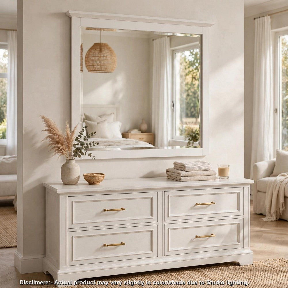 Gemma Wall Dresser Mirror | Crown Moldings | Beveled Glass | White Wood 36x41