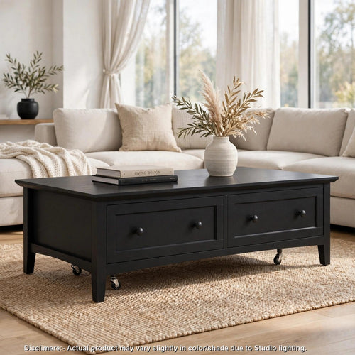 Gemma Coffee Table with 2 Drawers & Casters | Black Mahogany Wood 55"