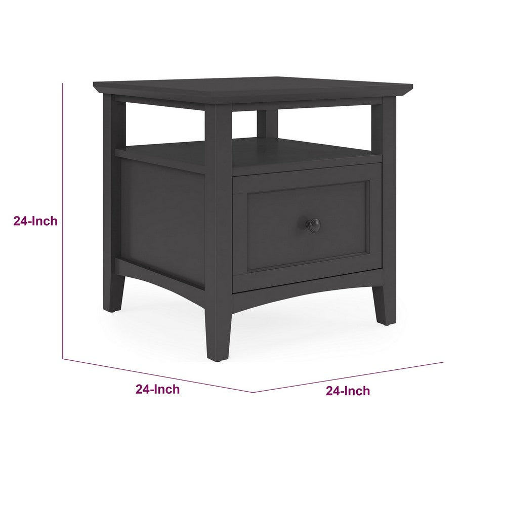 Gemma Square End Table with Drawer & Open Shelf | Black Mahogany Wood 24"