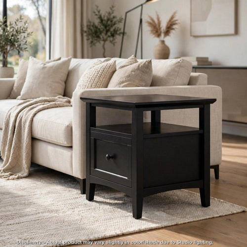 Gemma Square End Table with Drawer & Open Shelf | Black Mahogany Wood 24"