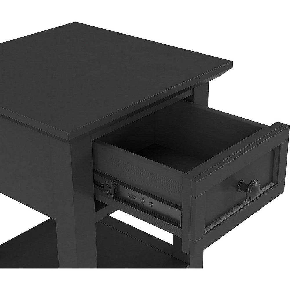 Gemma Square Drink Table | Drawer & Lower Shelf | Black Mahogany Wood 22"