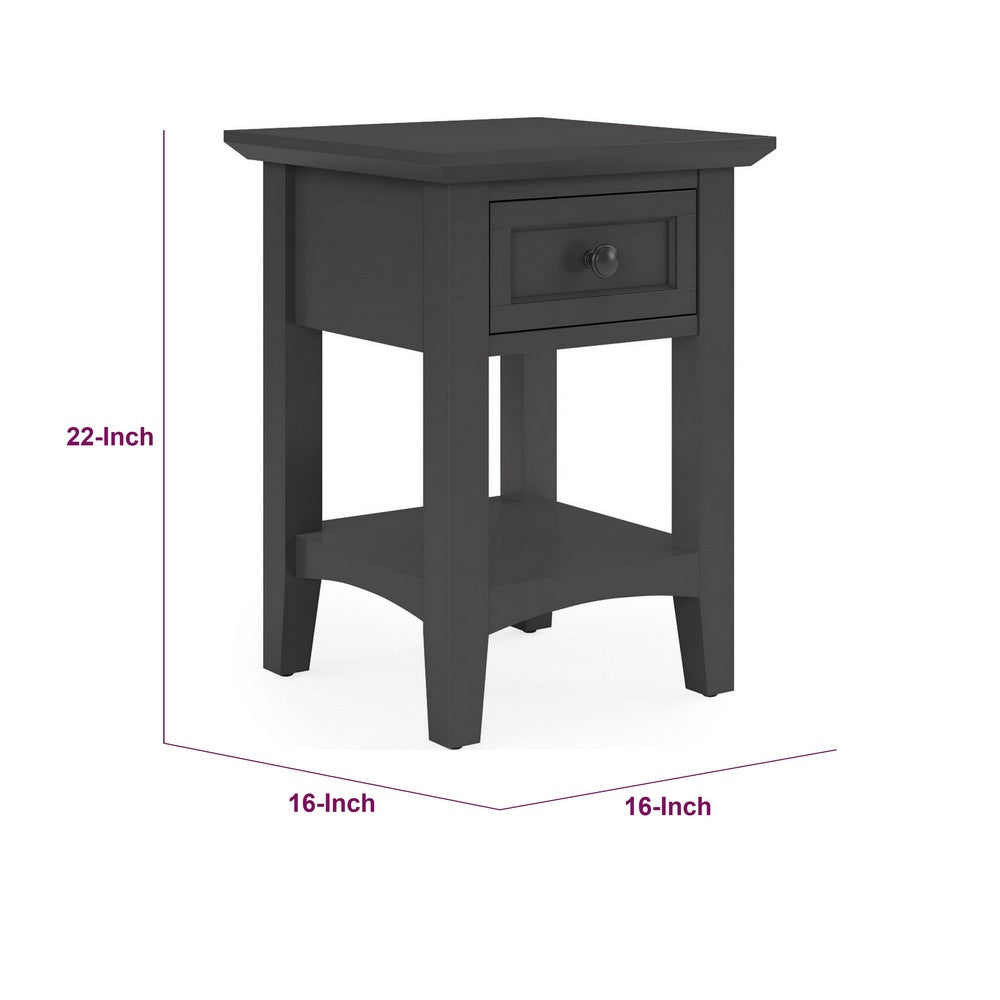 Gemma Square Drink Table | Drawer & Lower Shelf | Black Mahogany Wood 22"