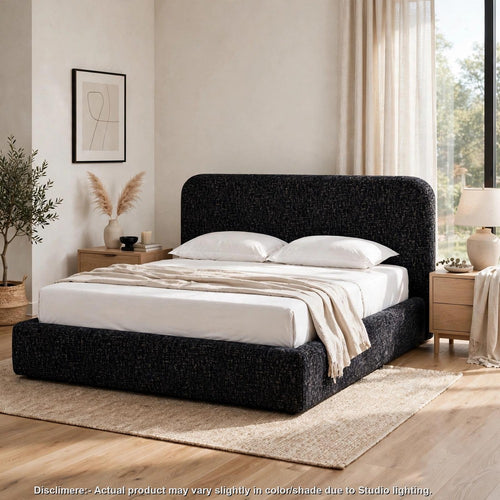 Elona Queen Platform Bed | Waterfall Edges | Black Chenille Fabric