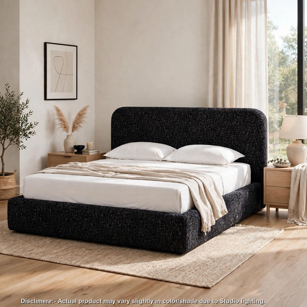 Elona Queen Platform Bed | Waterfall Edges | Black Chenille Fabric