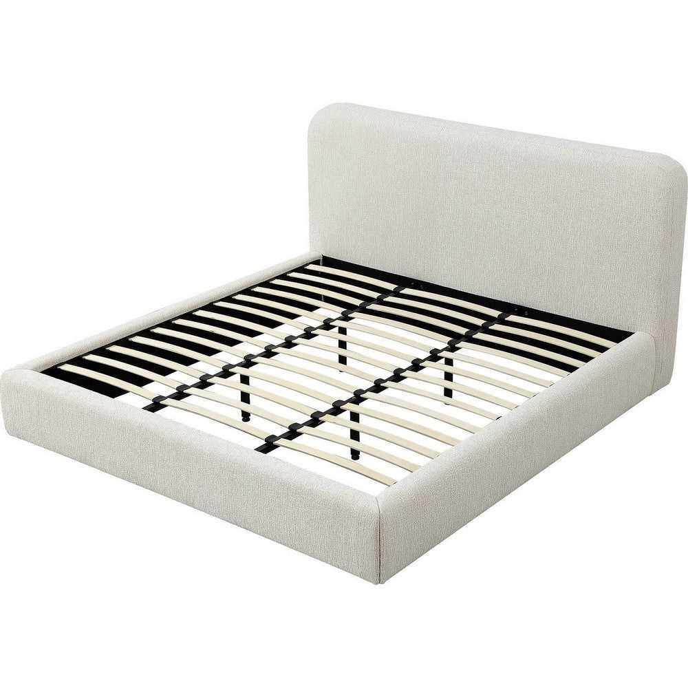 Elona Queen Platform Bed | Waterfall Edges | Off-White Chenille Fabric