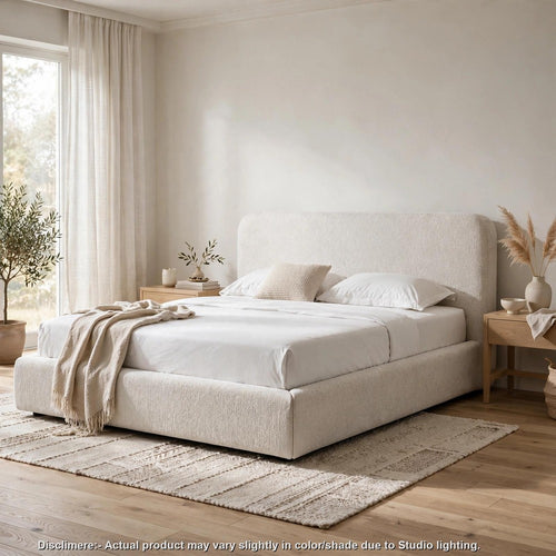 Elona Queen Platform Bed | Waterfall Edges | Off-White Chenille Fabric