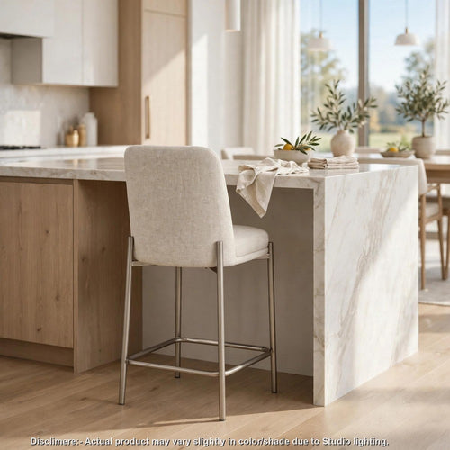 Hanah Counter Stool Chair | Brushed Nickel Steel Frame | Linen-Blend Fabric