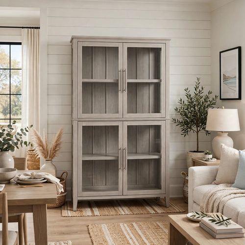 Kaili Shiplap Curio Cabinet | 4 Glass Display Doors | Chai Brown Wood 78"