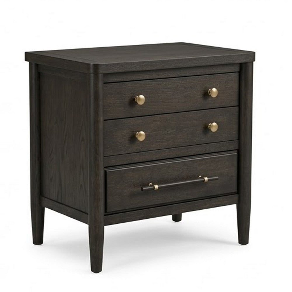 Rocky Nightstand with Cord Management | 3 Drawers | Yin Black Oak-Rubberwood