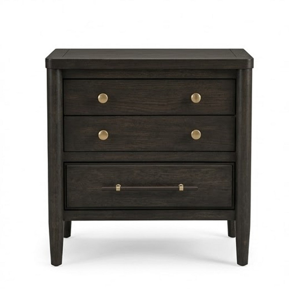Rocky Nightstand with Cord Management | 3 Drawers | Yin Black Oak-Rubberwood