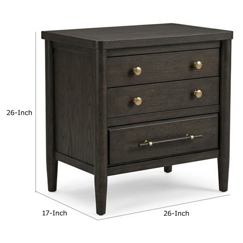 Rocky Nightstand with Cord Management | 3 Drawers | Yin Black Oak-Rubberwood