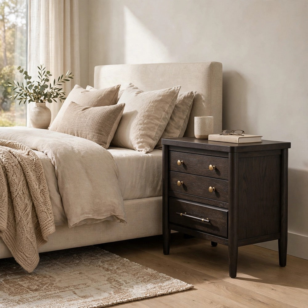 Rocky Nightstand with Cord Management | 3 Drawers | Yin Black Oak-Rubberwood