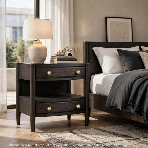 Rocky Nightst& with Cord Management | 3 Drawers & Shelf | Yin Black Wood