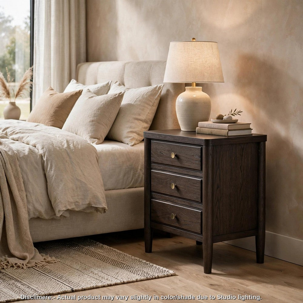 Rocky Nightst& with Cord Management | 3 Drawers | Yin Black Oak-Rubberwood