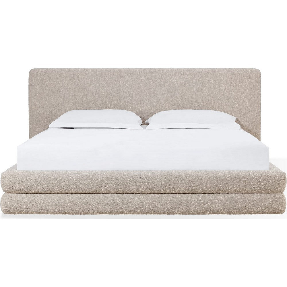 Manny Queen Platform Bed | Stacked Design | Brown Boucle Fabric