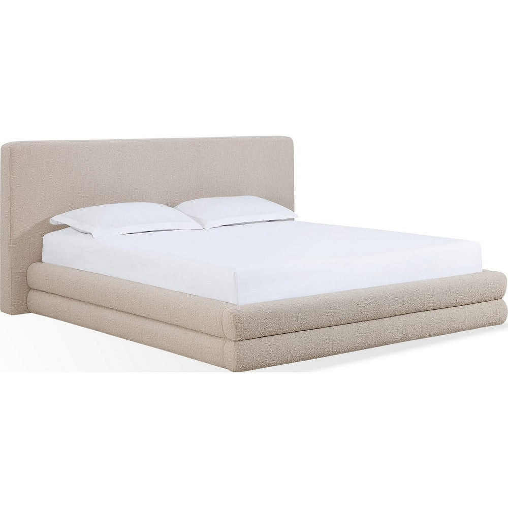 Manny Queen Platform Bed | Stacked Design | Brown Boucle Fabric
