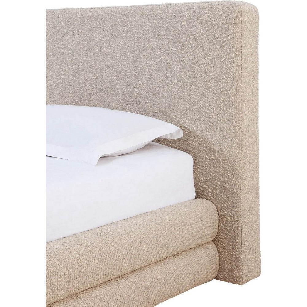 Manny Queen Platform Bed | Stacked Design | Brown Boucle Fabric